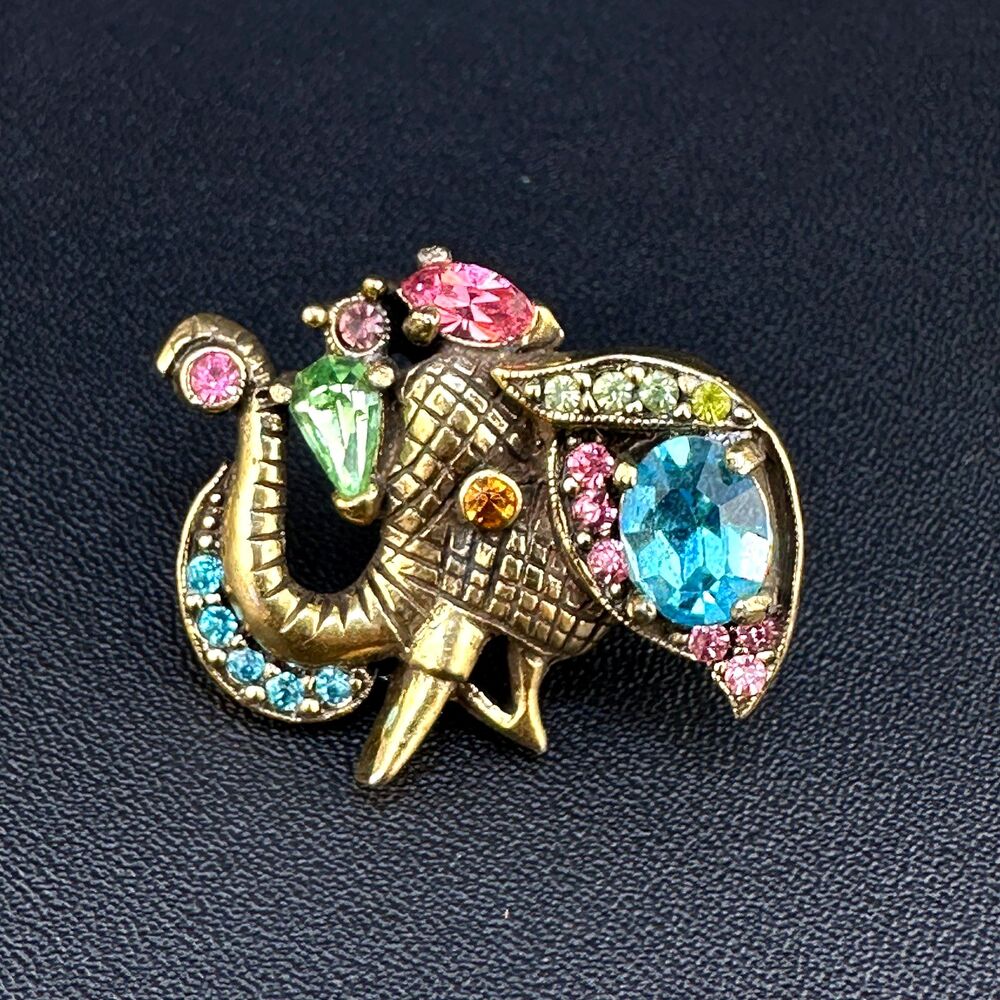 Vintage Hollycraft Figural Brooch Ornate Elephant Head Pastel Rhinestone Signed